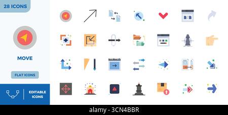 Exceptional collection of 28 Flat Colorful vector icons for Move, delivered in 128x128 PIXEL perfect resolution for unparalleled visual excellence and Stock Vector