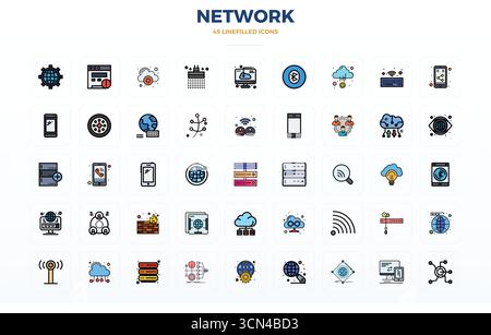 Professional-grade collection of 45 Flat Line Filled vector icons representing Network, crafted with 128x128 PIXEL perfect precision for enterprise ap Stock Vector