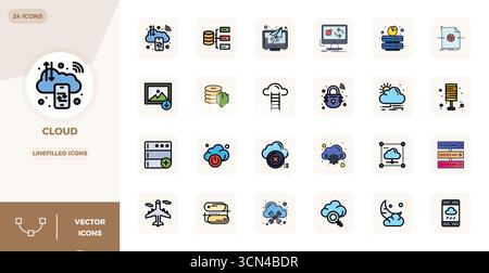 Streamlined set of 24 vector icons for Cloud in Lineal Filled Flat aesthetic, featuring 128x128 PIXEL perfect resolution for seamless user experiences Stock Vector