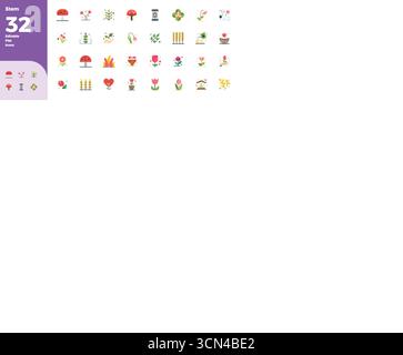 A clean collection of 32 Flat Colors vector icons representing Stem, designed in 128x128 PIXEL perfect format for modern dashboards and interfaces. Stock Vector