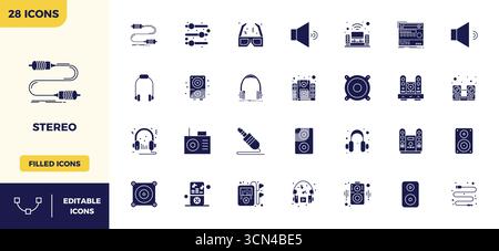 Professional-grade collection of 28 Glyph Filled vector icons representing Stereo, crafted with 128x128 PIXEL perfect precision for enterprise applica Stock Vector