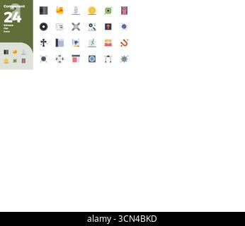 Comprehensive toolkit of 24 vector icons themed around Component, developed in Flat Color with 128x128 PIXEL perfect precision for versatile design ap Stock Vector