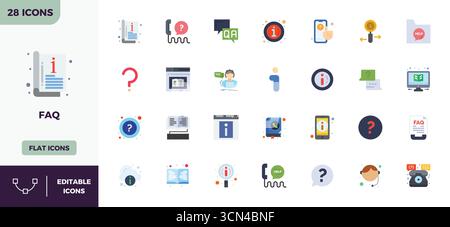 This set of 28 Flat Colorful vector icons captures Faq themes in 128x128 PIXEL perfect quality, perfect for tech and business applications. Stock Vector