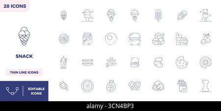 This set of 28 Thin Outline vector icons captures Snack themes in 128x128 PIXEL perfect quality, perfect for tech and business applications. Stock Vector