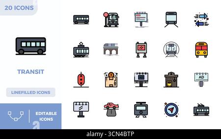 Strategic bundle featuring 20 vector icons representing Transit in Lineal Color Filled format, optimized with 128x128 PIXEL perfect quality for profes Stock Vector
