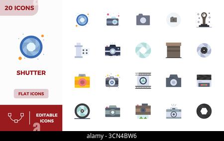 Meticulously crafted 20 Flat Colorful vector icons for Shutter, delivered in 128x128 PIXEL perfect quality for uncompromising design standards. Stock Vector