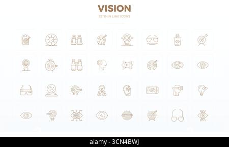 Future-ready pack of 32 vector icons themed around Vision, showcasing Thin Line design with 128x128 PIXEL perfect clarity for innovative user interfac Stock Vector