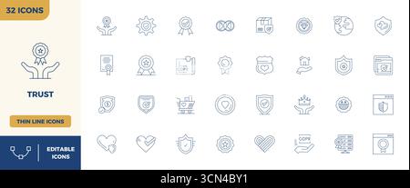 This Trust vector icon pack includes 32 Thin Outline designs in 128x128 PIXEL perfect format, perfect for enhancing digital interfaces. Stock Vector