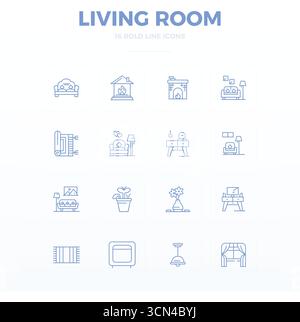 Discover a set of 16 Bold Outline vector icons crafted for the Living Room theme, featuring 128x128 PIXEL perfect designs ideal for modern UI/UX proje Stock Vector