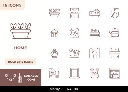 Future-ready pack of 16 vector icons themed around Home, showcasing Bold Line design with 128x128 PIXEL perfect clarity for innovative user interfaces Stock Vector