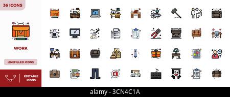 This set of 36 Lineal Color Filled vector icons captures Work themes in 128x128 PIXEL perfect quality, perfect for tech and business applications. Stock Vector