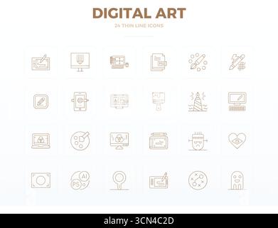 Collection of 24 Thin Line PIXEL perfect vector icons for Digital Art, designed in 128x128 format for clarity and versatility. Stock Vector