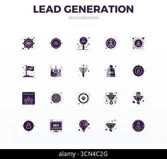 Enhance your projects with 20 Filled Glyph vector icons themed around Lead Generation, featuring 128x128 PIXEL perfect resolution ideal for clean and Stock Vector