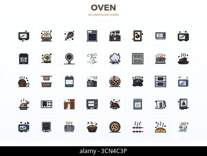 Exceptional collection of 40 Flat Line Filled vector icons for Oven, delivered in 128x128 PIXEL perfect resolution for unparalleled visual excellence Stock Vector