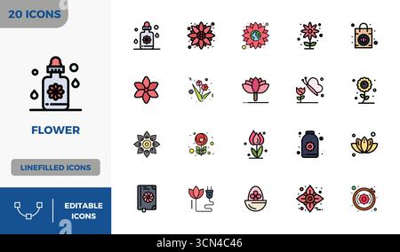 Discover a set of 20 Lineal Color Filled vector icons crafted for the Flower theme, featuring 128x128 PIXEL perfect designs ideal for modern UI/UX pro Stock Vector