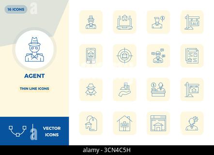 This Agent vector icon pack includes 16 Slim Line designs in 128x128 PIXEL perfect format, perfect for enhancing digital interfaces. Stock Vector