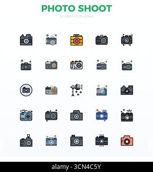 Essential pack of 25 PIXEL perfect vector icons for Photo Shoot in Flat Line Filled format, sized at 128x128 for optimal performance and scalability. Stock Vector