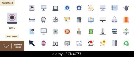 Intelligently designed 36 PIXEL perfect vector icons inspired by Tech, created in Flat Colorful format at 128x128 for smart and efficient design workf Stock Vector