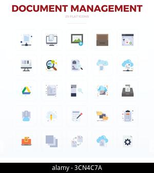 Professionally designed 25 vector icons in Flat, capturing the essence of Document Management with 128x128 PIXEL perfect precision for UI design. Stock Vector