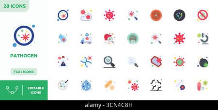 Contemporary collection of 28 vector icons representing Pathogen in Flat Colorful aesthetic, featuring 128x128 PIXEL perfect resolution for modern app Stock Vector
