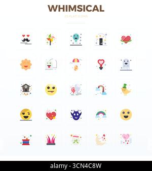 Comprehensive toolkit of 25 vector icons themed around Whimsical, developed in Flat with 128x128 PIXEL perfect precision for versatile design applicat Stock Vector