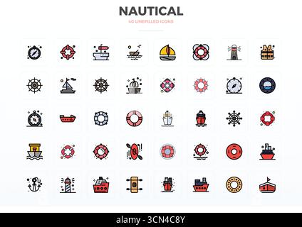 Vector pack with 40 Flat Line Filled PIXEL perfect icons inspired by Nautical, delivered in 128x128 resolution ideal for scalable and creative design Stock Vector