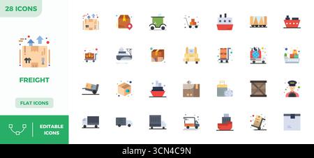 Exclusive collection of 28 Flat Colorful vector icons for Freight, developed with 128x128 PIXEL perfect resolution for premium brand experiences. Stock Vector