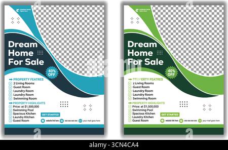 Creative Dream Home for Sale Flyer Template Modern Real Estate Business Promotion Poster Design in Green and Blue Vector Layout Stock Vector