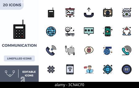 Beautifully rendered 20 Lineal Color Filled PIXEL perfect vector icons for Communication, created at 128x128 resolution for stunning visual consistenc Stock Vector
