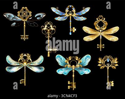 Set of artistically drawn, patterned, jewelry, fairy, golden, master key keys, richly decorated with moth wing and dragonfly wings. Steampunk style. Stock Vector