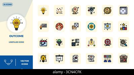 Exclusive collection of 24 Lineal Filled Flat vector icons for Outcome, developed with 128x128 PIXEL perfect resolution for premium brand experiences. Stock Vector