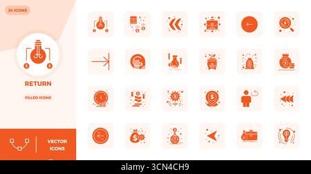 Professionally designed 24 vector icons in Glyph Filled, capturing the essence of Return with 128x128 PIXEL perfect precision for UI design. Stock Vector