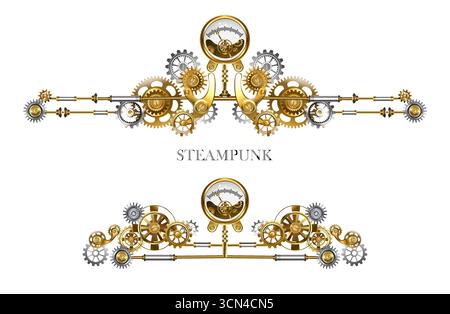 Symmetrical frame constructed from metal pipes, decorated with brass and bronze gears, with pressure gauge. Steampunk style. Stock Vector