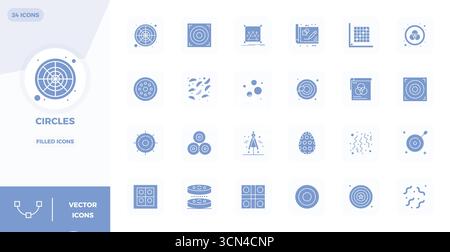 Precision-engineered 24 Glyph Filled vector icons for Circles, designed at 128x128 PIXEL perfect resolution for exceptional clarity and scalability. Stock Vector