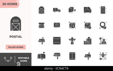 Enhance your projects with 20 Glyph Filled vector icons themed around Postal, featuring 128x128 PIXEL perfect resolution ideal for clean and professio Stock Vector