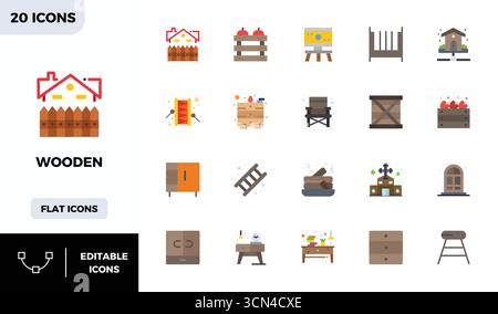 Vector pack with 20 Flat Colorful PIXEL perfect icons inspired by Wooden, delivered in 128x128 resolution ideal for scalable and creative design work. Stock Vector
