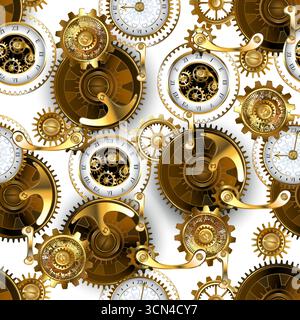 Seamless pattern of metal, brass, gold gears and jewelry dials on white background. Steampunk style. Stock Vector