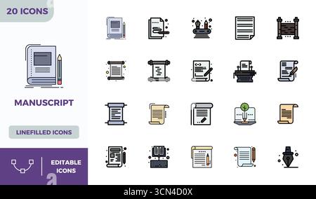 Set of 20 Lineal Color Filled PIXEL perfect vector icons themed around Manuscript, crafted in 128x128 resolution for seamless integration in apps and Stock Vector