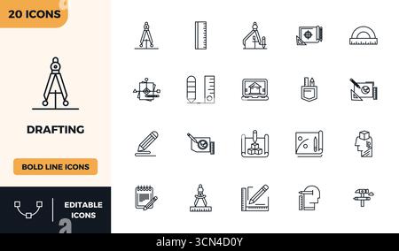 Precision-engineered 20 Bold Line vector icons for Drafting, designed at 128x128 PIXEL perfect resolution for exceptional clarity and scalability. Stock Vector