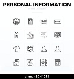 Download 16 scalable Bold Outline vector icons designed for Personal Information, featuring PIXEL perfect 128x128 resolution suitable for professional Stock Vector