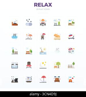 Industry-leading pack of 25 Flat PIXEL perfect vector icons for Relax, sized at 128x128 for optimal rendering and user interface excellence. Stock Vector