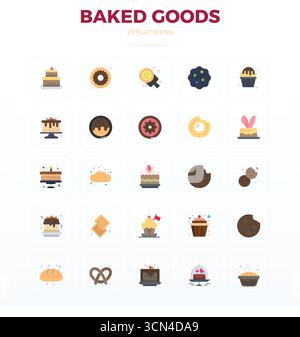 Innovative pack of 25 vector icons themed around Baked Goods, showcasing Flat design in 128x128 PIXEL perfect format for modern digital solutions. Stock Vector