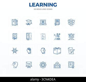 Advanced collection of 20 PIXEL perfect vector icons inspired by Learning, crafted in Bold Outline with 128x128 optimization for superior visual perfo Stock Vector