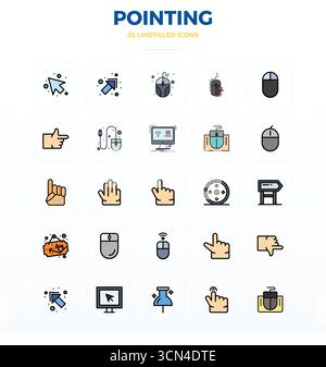 Sophisticated bundle of 25 Flat Line Filled vector icons for Pointing, engineered with 128x128 PIXEL perfect clarity for professional applications. Stock Vector