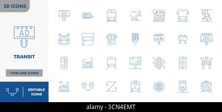 A clean collection of 28 Thin Outline vector icons representing Transit, designed in 128x128 PIXEL perfect format for modern dashboards and interfaces Stock Vector