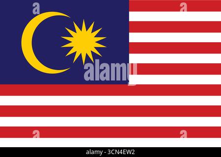 Malaysia national flag flat vector with 14 red and white stripes, blue canton, yellow crescent, and 14-point star. Ideal for education and design. Stock Vector