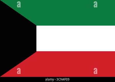 Kuwait national flag flat vector illustration with black trapezoid and tricolor stripes. Perfect for education, design, and media use. Stock Vector