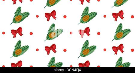 Beautiful seamless pattern of fir branches with pine cones and bright red bows. Perfect for wrapping paper, scrapbooking, greeting cards, invitations, Stock Vector