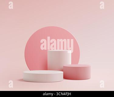 minimalist 3d podium with three pink cylinders and circular backdrop on soft pastel background perfect for product showcase cosmetic mockup or modern Stock Vector