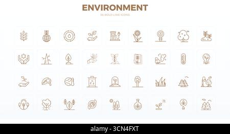 Industry-leading pack of 36 Bold Outline PIXEL perfect vector icons for Environment, sized at 128x128 for optimal rendering and user interface excelle Stock Vector